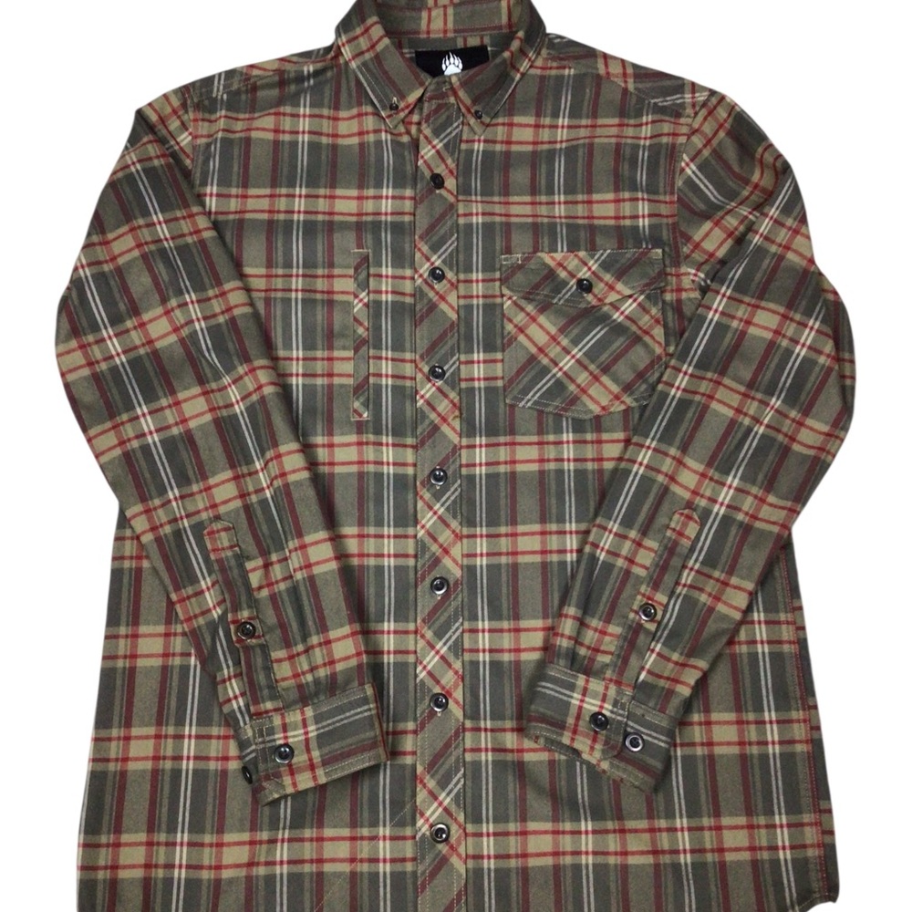 Duluth Alaskan Hardgear Plaid Button Down Flannel Shirt LTall Gray Tan Red